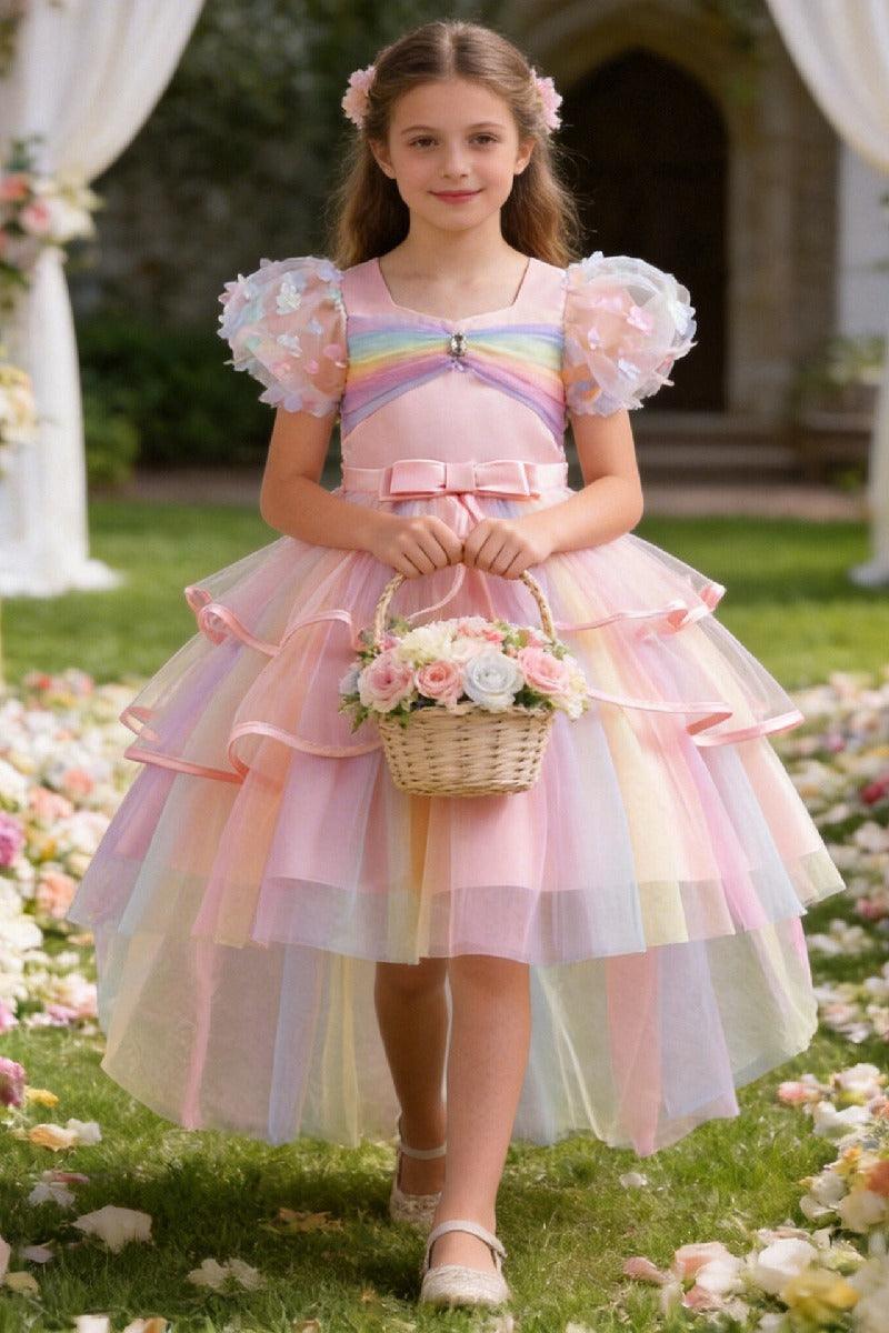 Princess Flower Puff Sleeve Pastel Rainbow High-Low Tulle Flower Girl Dresses 1030166757920 - 7 Days / Pink / 110cm - COCOMELODY
